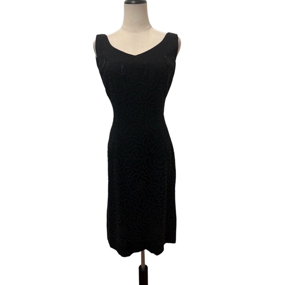 Vtg‎ 60s Black Beaded Wiggle Dress Tassels 27" W Cocktail Viva Party